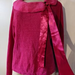 Reddish-pink blouse fuzzy on outside of collar very soft Petite